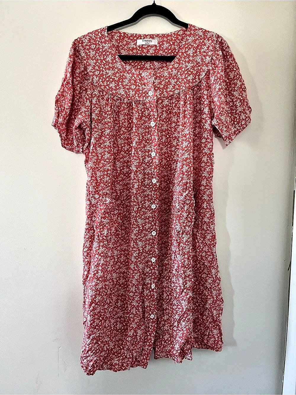 Red White Ditsy Floral Button Up Mini Dress XL Cottagecore Prairie Modest Fall
